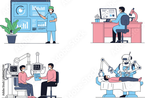 Advanced medical scene set featuring robotic surgery laboratory research data analysis and clinical consultation with healthcare professional illustrations