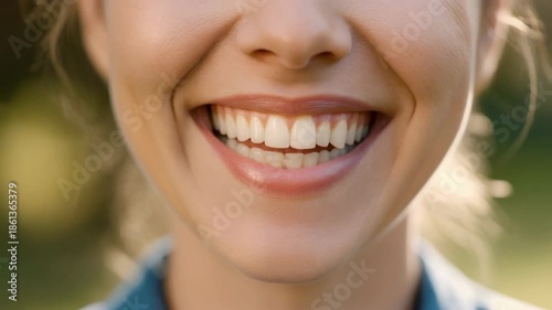 Close-up smiling woman's face outdoors with teeth and blurred background