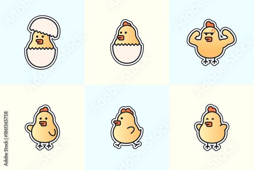 Cute cartoon chick mascot set showing hatching walking flexing poses