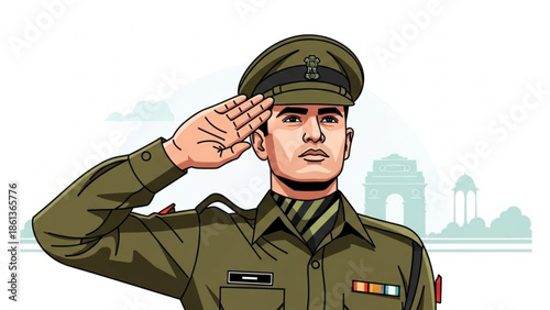 Indian army soldier saluting in front of india gate, new delhi, military uniform, patriotism, national pride, salute, honor, respect, military service, patriotism concept