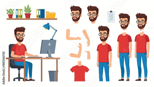 Cartoon Man Working at Desk Character Kit