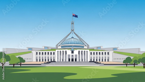 Australian parliament house, white building with blue dome and flag, green lawn and trees, sunny day, canberra, government architecture