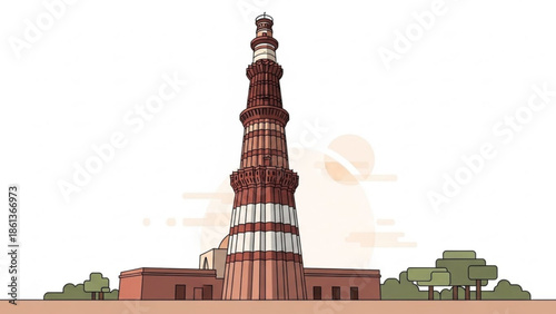 A tall red and white striped tower with a building and trees in front, qutub minar new delhi india architectural landmark illustration