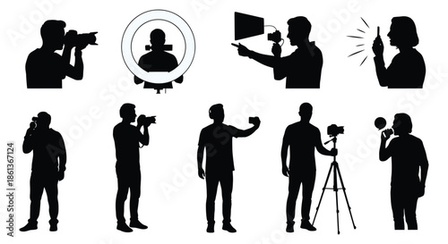 Photographers and influencers creating content with cameras and smartphones in a studio