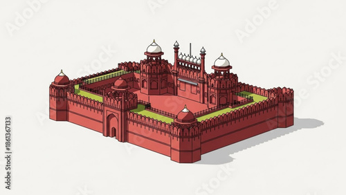 Red fort with green lawn and white domes, 3d illustration of indian architecture with red walls and towers