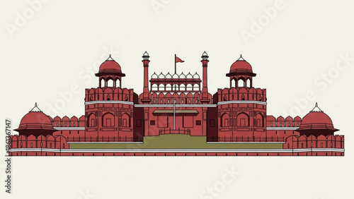 Red fort with domes and flag, indian architecture, historical building, travel, tourism, asia, fort, palace, illustration