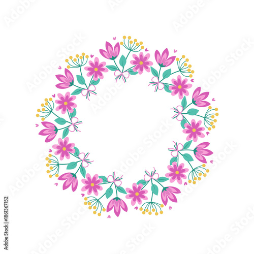 Abstract flowers. Round frame, banner with space for text. Bright pink bouquet, bow, and hearts. Women's Day, birthday, Valentine's Day. Close-up for postcards and greeting card