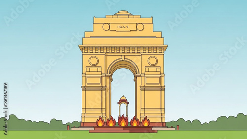 Illustration of india gate monument with flames in front, new delhi landmark in yellow tones, blue sky background