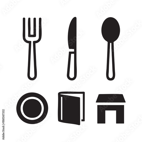Restaurant icon. Fork, knife, plate and spoon. Menu symbol. Food, plate, fork, knife, spoon, cutlery icon set.
