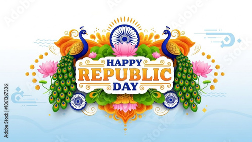 Vibrant happy republic day celebration with peacocks, flowers, and indian flag elements, symbolizing national pride and joy