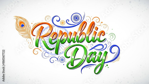 Colorful republic day illustration with peacock feather and swirls on white background