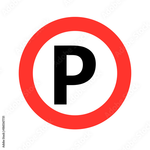 Parking area sign vector with black letter P inside a red circle. Professional flat icon for traffic regulations, road safety, and city navigation