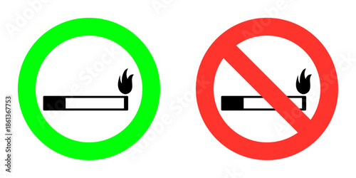 Smoking area sign and no smoking sign icons, isolated on white background, clear permitted and prohibited symbols for public signage, safety communication, and regulation design use.