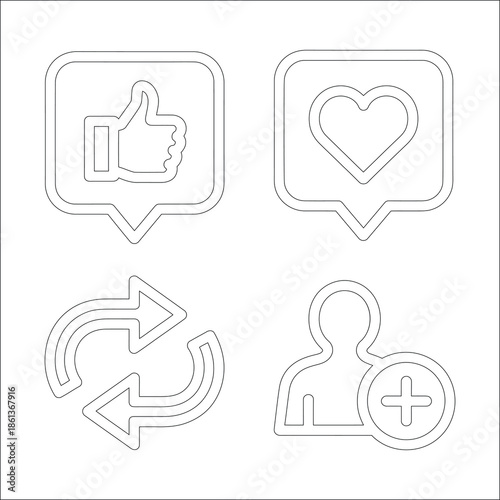 Social media communication icons set with like thumbs up heart shape repost arrows and add friend user profile symbol outline vector illustration design