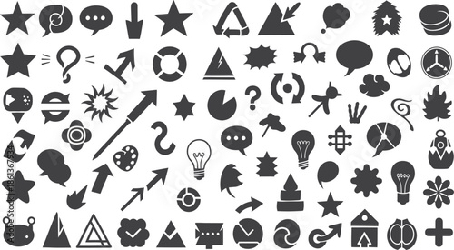 Collection of various black icons on a white background