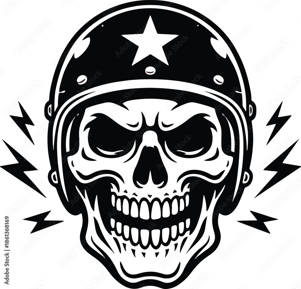 Fototapeta premium Military Skull with Combat Helmet and Lightning Bolts – Aggressive Army Logo Vector