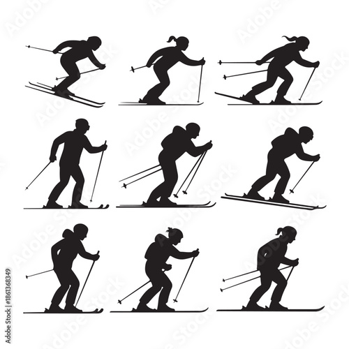 Collection of Downhill Skier Silhouettes in Various Poses on Transparent Background Perfect for Winter Sports and Recreational Design Projects