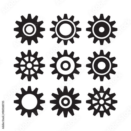 Collection of Gear Icons Representing Machinery Engineering Mechanics Technology and Industry in Simple Style Vector Set Mechanical Element Gearwheel Cogwheel
