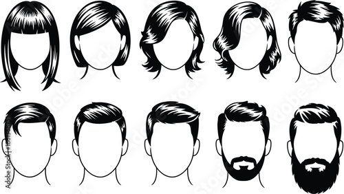 Male and Female Hairstyle Collection Vector Illustration, Face Outline Haircuts with Short Long Wavy and Beard Styles, Black Design for Beauty Fashion