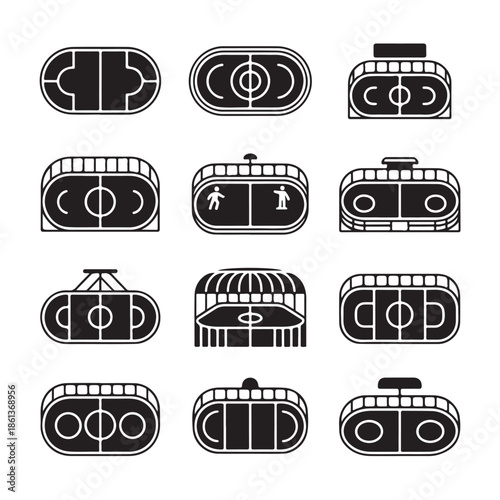 Collection of Various Stylized Outdoor Hockey Rinks Seen From Above in Black and White as a Vector Illustration of Public Ice Surfaces