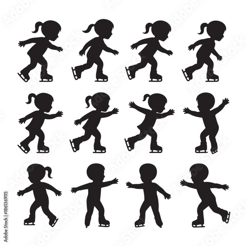 Girls on Ice Skates Silhouettes Set, Various Poses and Styles Isolated on Transparent Background, Winter Sports Activity, Vector Illustration, Fun, Leisure, Sport