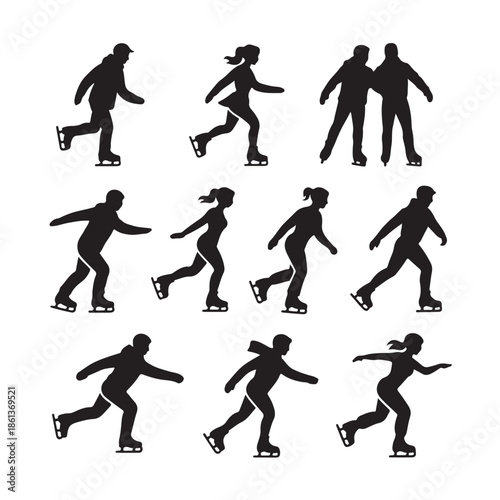Set of Black and White Vector Graphics Showing Figures Skating and Performing Winter Sports on Ice in Various Poses and Attitudes