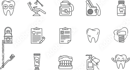 Dental care icon set featuring minimalist outline illustrations of teeth braces dental chairs professional tools and oral hygiene