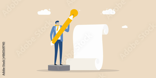 A businessman writing with a giant pencil on a large scroll