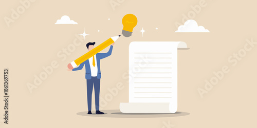 A man writing ideas with a pencil shaped like a lightbulb