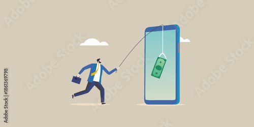 A businessman attempts to fish money out of a large smartphone screen