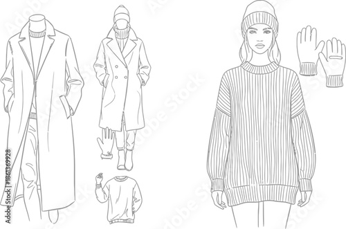 Collection of fashion flat sketches detailing winter outerwear including various long coats knit sweaters hats and gloves for designers