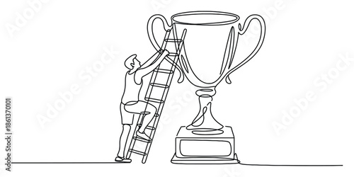 Man climbing ladder reaching for a giant trophy symbolizing ambition and the path to success