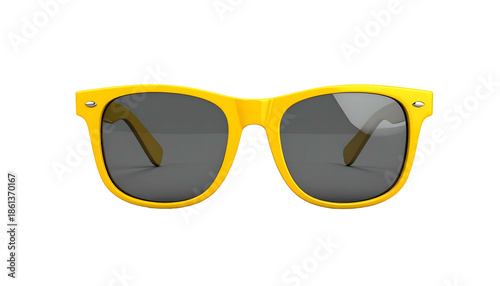 Front-facing, bright yellow sunglasses with dark lenses on a black background