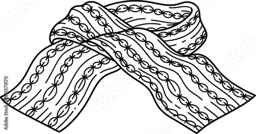 Black and white simple line art drawing illustrating a cozy knotted winter scarf with decorative knit pattern details