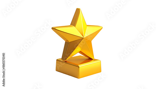 A shiny gold star trophy on a pedestal, isolated on a black background