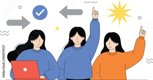 Business decision making and teamwork flat vector illustration with women collaborating, choosing direction and solving problems together