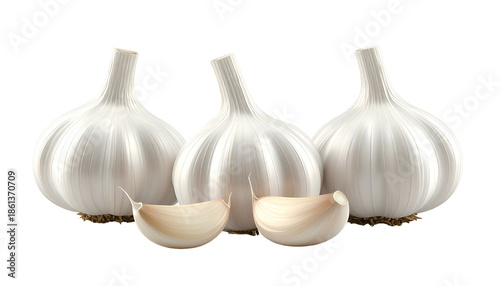 Three whole garlic bulbs with two cloves, isolated on black background