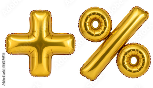 Golden balloon symbols, including a plus sign and percentage mark, isolated on black
