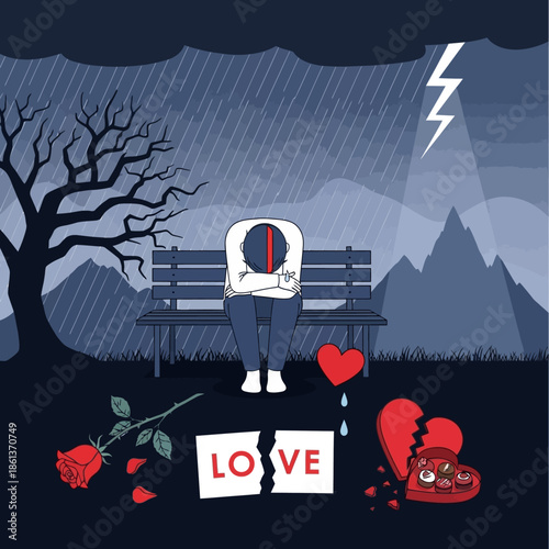A person sits alone on a bench head down surrounded by symbols of a broken heart and lost love.
