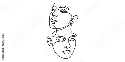 Abstract line drawing portraying two elegant female faces in a minimalist style