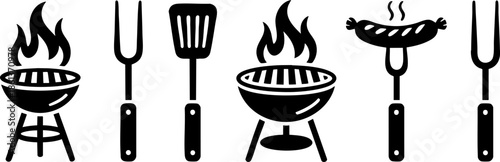 Barbecue Grill Tools Icons Set EPS Fork Spatula Sausage Vector