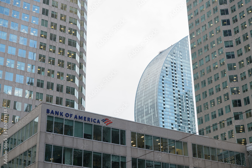 Fototapeta premium Bank of America sign outside Brookfield Place (Bay Wellington Tower) located at 181 Bay St, Toronto - winter