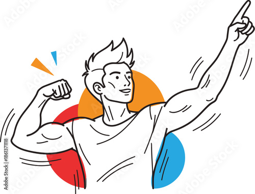 Muscular man celebrating fitness victory with an upward pointing gesture and strong bicep flex illustration