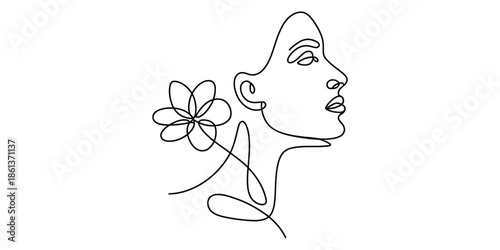Elegant continuous line art of a woman's profile with a delicate floral accent