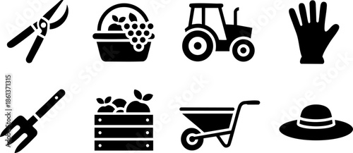 Agriculture Outdoor Work Icons Set EPS Tractor Fork Hat Vector