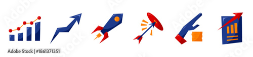 Business growth vector set featuring bar chart, growth arrow, rocket launch, target goal, profit hand, and report growth.