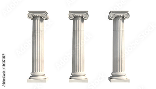 Three classical Ionic columns stand tall against a black backdrop, showcasing detailed design