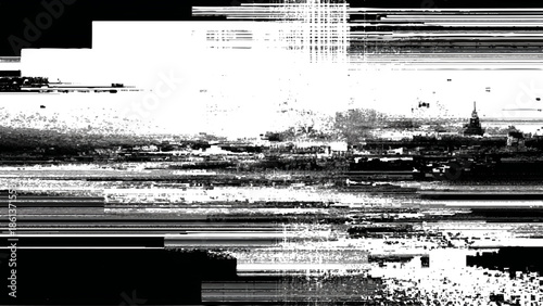 Distorted glitchy image of a cityscape with a church tower