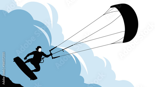 Kite surfer in action against blue cloudy sky background