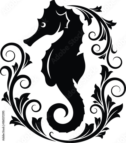 Ornate black seahorse silhouette featuring vintage floral scrollwork and decorative swirl patterns for nautical, ocean and marine themed designs.